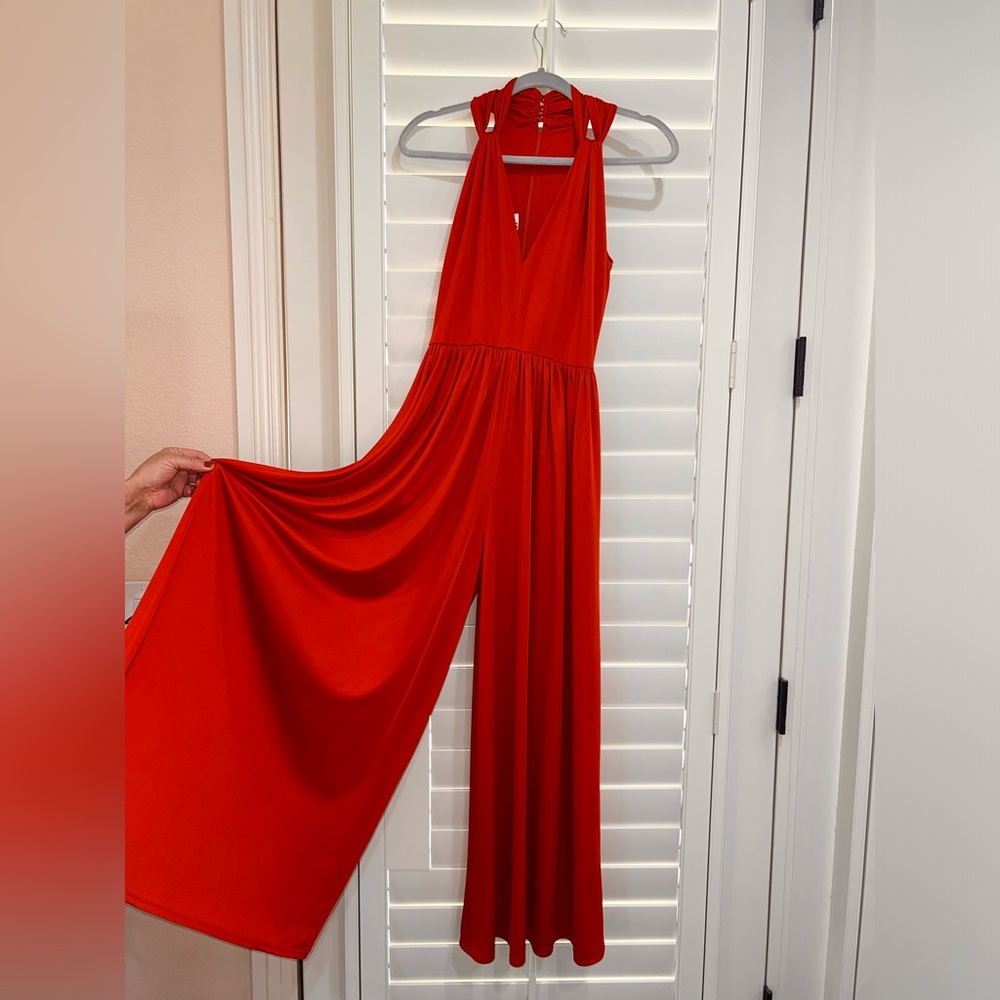 Vintage 70s Donald Brooks Grecian Crepe Jumpsuit Orange Wide Leg USA Sz 8 Disco